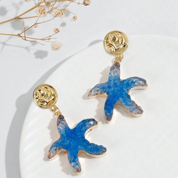 “Blue Druzy Starfish” Gold Dipped Geode Ocean Sea Marine Tropical Steel Earrings - Picture 4 of 10